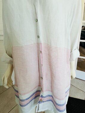C&C California 1X 100% Linen White Pink Blue Striped Button Front Top